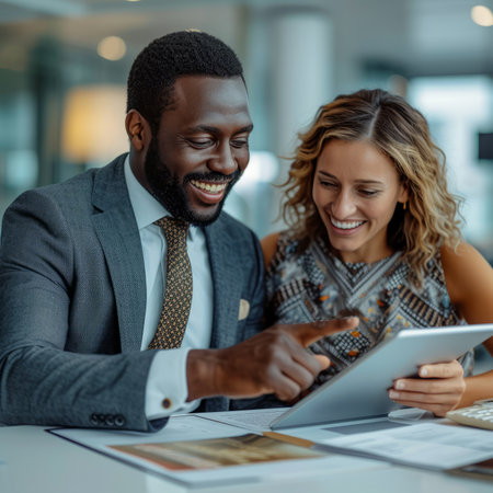 Black man and blonde woman in business suits looking at tablet and smilingの素材