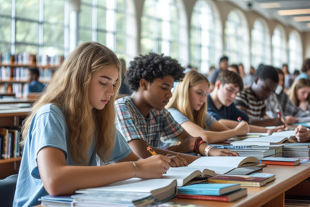 Diverse group of students studying together in a libraryの素材