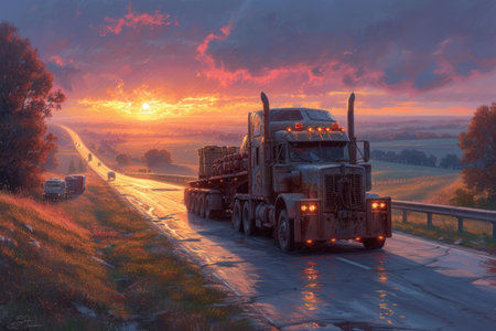 A semi truck drives down a rural highway at sunsetの素材