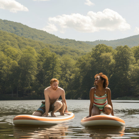 A couple is paddle boarding on a lake surrounded by green mountains.の素材