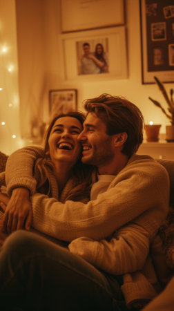 Young couple laughing and hugging on the couchの素材