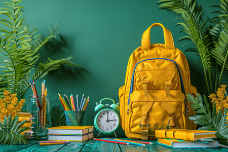 A backpack and school supplies are on a wooden table against a green background with tropical leaves.の素材