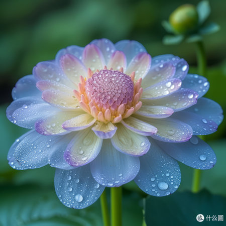 Close-up of a beautiful dahlia flower with water droplets on its petalsの素材