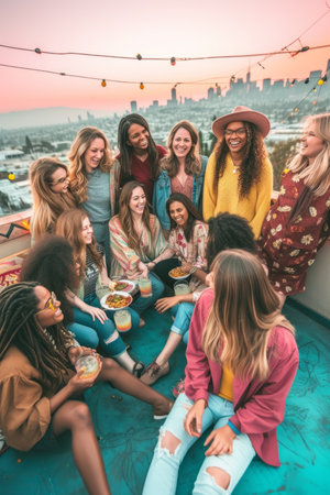 A group of diverse women are laughing and enjoying a party on a rooftop in Los Angeles.の素材