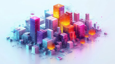A 3D rendering of a city with colorful buildings and a glowing networkの素材