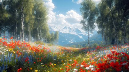 Colorful wildflowers in a lush green field with snow-capped mountains in the distanceの素材
