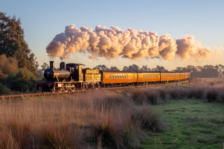 The Vintage Steam Train Puffing Through the Golden Fieldの素材