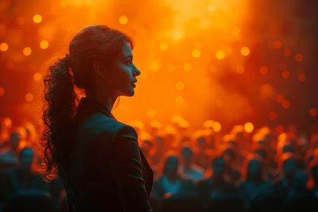 A Confident Female Speaker Addressing a Large Audienceの素材