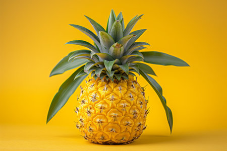 Single pineapple isolated on yellow backgroundの素材