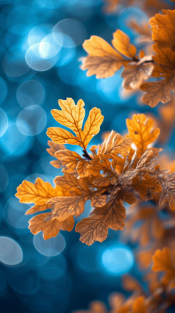 Close-up photo of brown and orange autumn leaves against blurred blue backgroundの素材