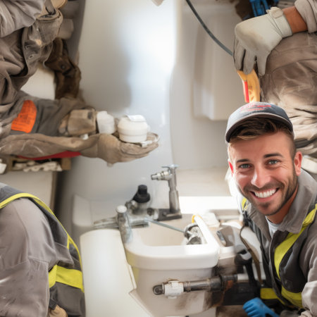 Three plumbers fixing a sinkの素材
