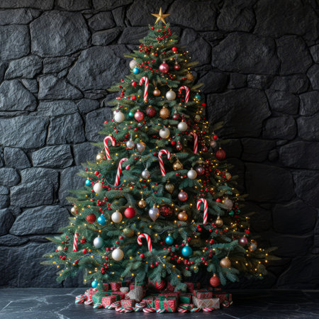 A beautiful Christmas tree with red and gold ornaments and candy canes stands in front of a stone wall.の素材