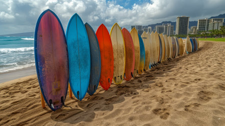 colorful surfboards lined up on beach with Honolulu skyline in distanceの素材