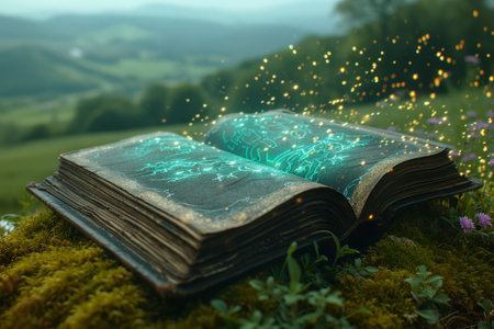 An opened book with green magic symbols and golden sparklesの素材