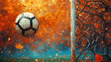 A soccer ball flies into a goal net with a colorful autumn backgroundの素材
