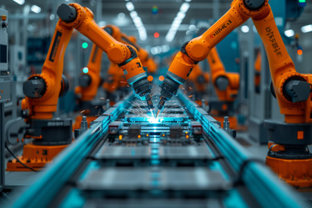 Industrial robots welding car parts in a factoryの素材