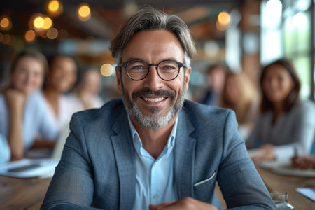 Smiling businessman with beard wearing glasses in a meetingの素材