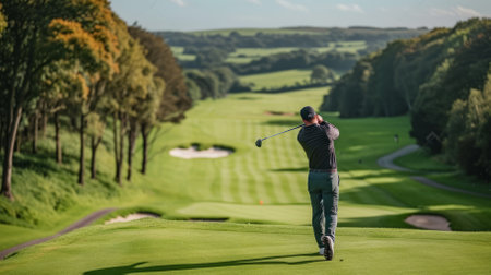 man swinging golf club on golf courseの素材