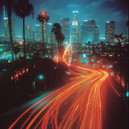 Palm trees and skyscrapers in Los Angeles at nightの素材