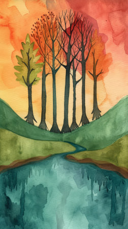 Colorful watercolor painting of trees and a riverの素材
