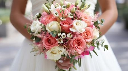 A bride holding a bouquet of pink and white roses with greeneryの素材