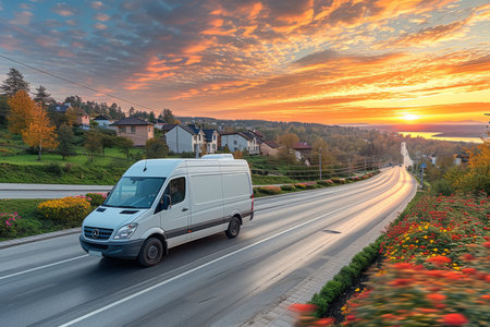 White van driving on a scenic road with a beautiful sunsetの素材