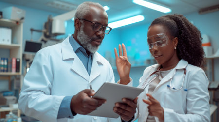 Two scientists in lab coats are looking at a tablet and discussing something.の素材