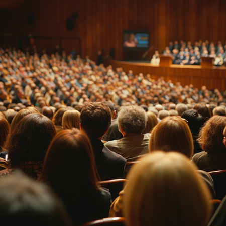 Audience listens to a speaker at a conferenceの素材