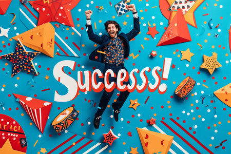 A man is jumping in the air with his arms raised in front of a colorful background.の素材