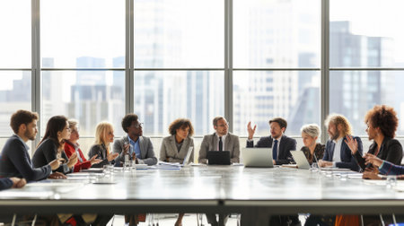 Diverse group of business professionals having a meeting in a modern office spaceの素材