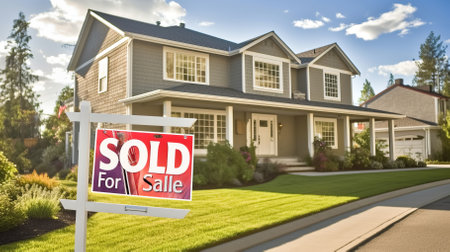 An attractive house with a SOLD sign in front of itの素材