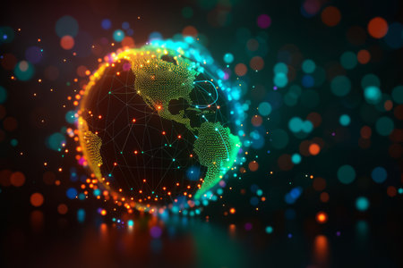 Glowing 3D rendering of planet Earth with glowing dots representing countries and continentsの素材