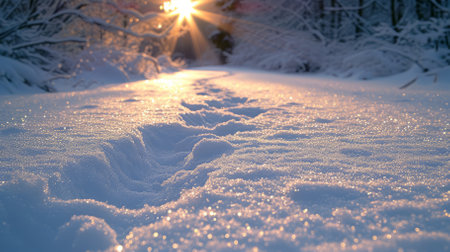 The sun shines through the snow in the forestの素材