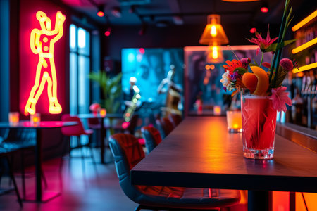 Modern bar counter with a colorful cocktail in the foreground and a neon sign of a dancing couple on the wall in the backgroundの素材