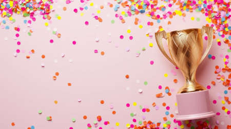 Gold trophy on a pink background with confettiの素材