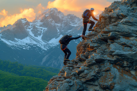 Two men climb a mountain peak during sunriseの素材