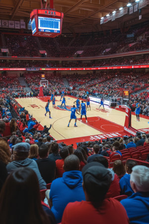 Intense basketball game with 5 players on the court and a crowd of spectatorsの素材