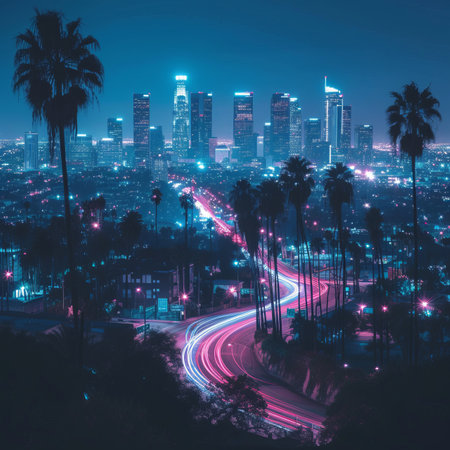 Palm trees and skyscrapers in the nightの素材