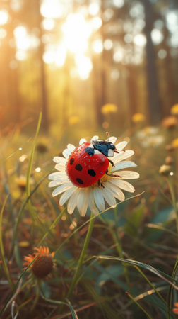 A red ladybug on a white daisy in the morning sunの素材