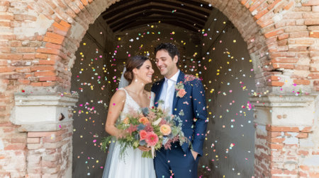 Confetti falling on a happy couple at their weddingの素材