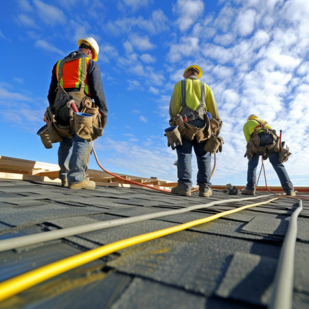 Three roofers installing shingles on a roofの素材
