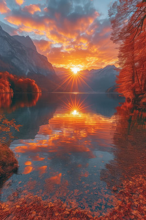 Tranquil Autumn Sunset Over Mountains and Lake With Vibrant Fall Foliageの素材