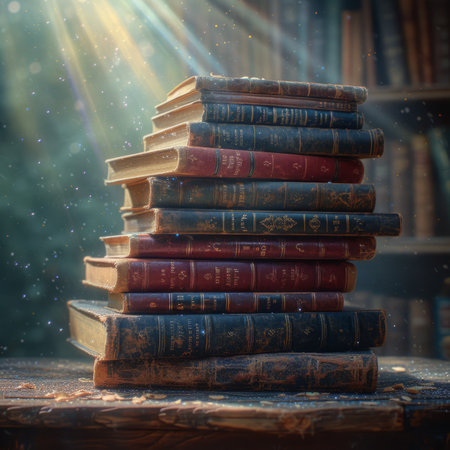 Stack of old vintage hardcover books with glowing light rays on wooden tableの素材