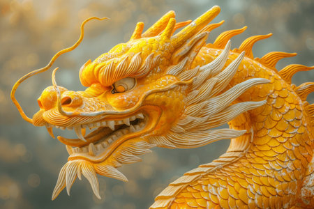 Golden chinese dragon statue with blur backgroundの素材