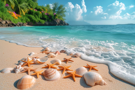 Amazing beach scene of white sand, blue water, palm trees and shellsの素材