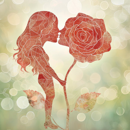 Two lovers kissing with a roseの素材