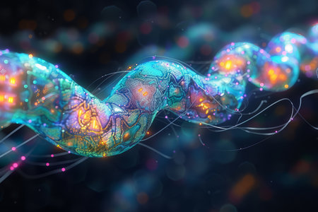 Blue and green glowing 3D rendering of a DNA helixの素材