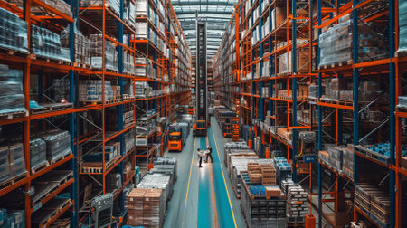 Warehouse workers in a modern warehouse with high shelves full of inventoryの素材