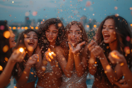 Five young women celebrating with sparklersの素材