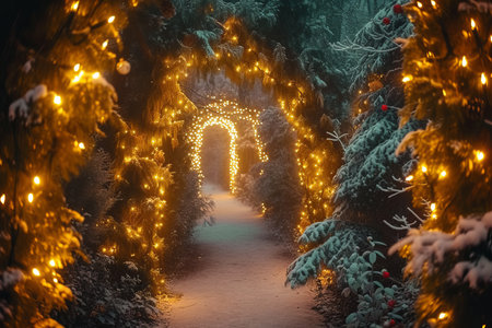 A beautiful winter scene with a snow-covered path lit by a string of lightsの素材